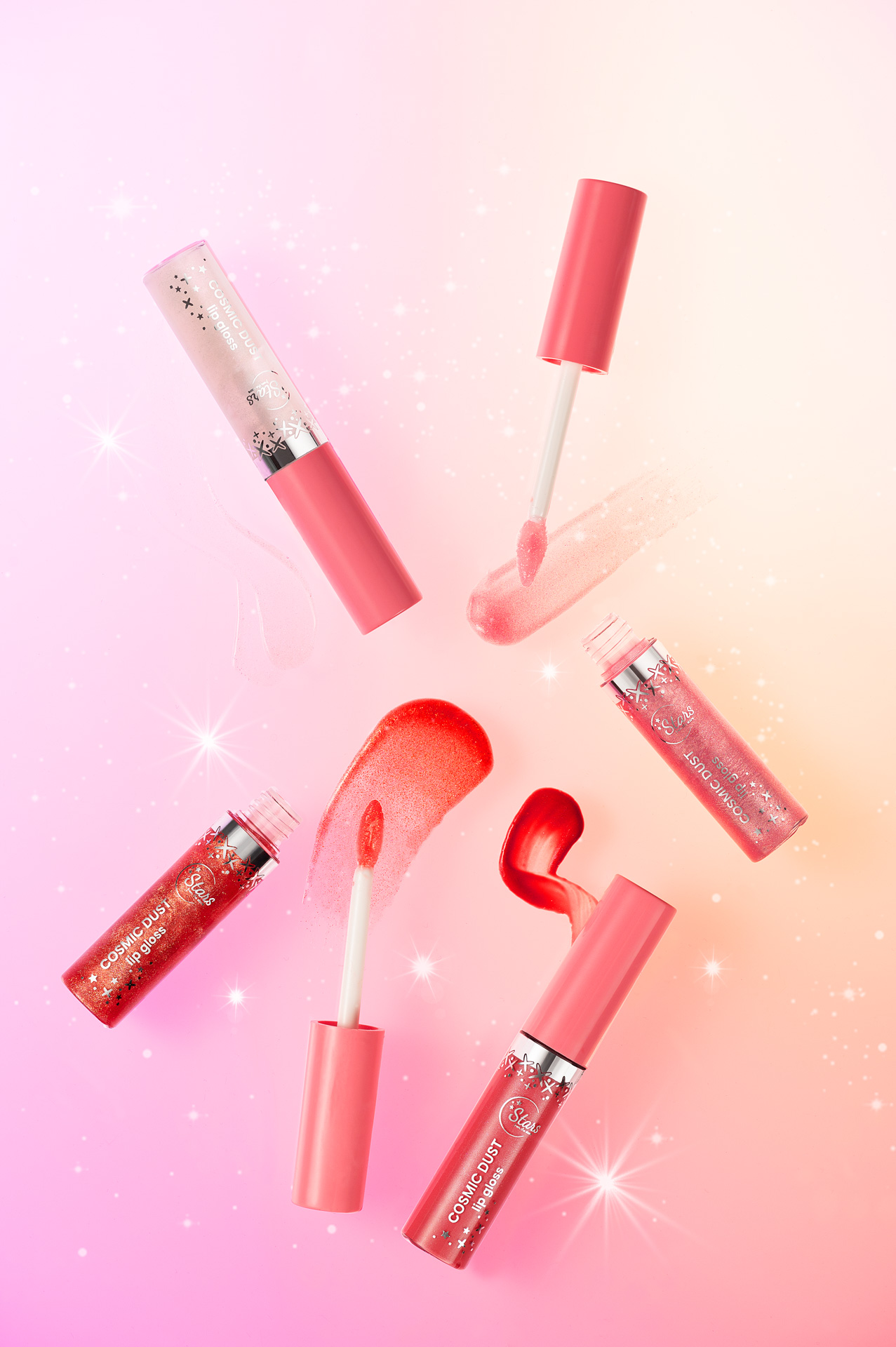Stylized photography of lip gloss brand with swatches